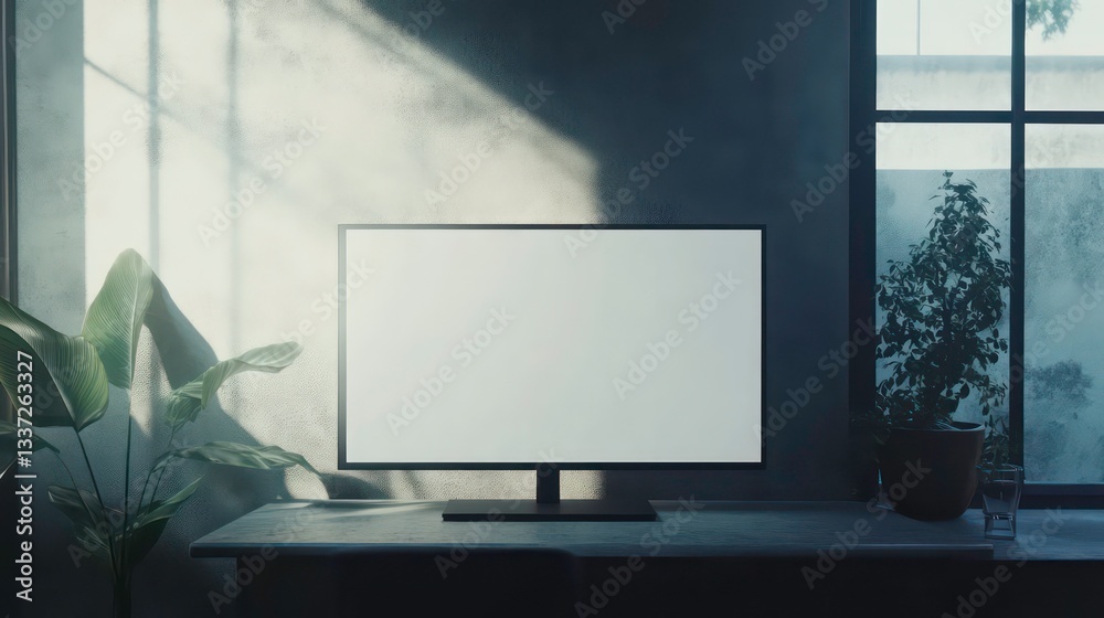 Fototapeta premium Conference room with blank, empty TV screen. Monitor mock up. Business meeting room with LCD screen for presentation, advertising. Modern, contemporary office. Free, copy space, template.