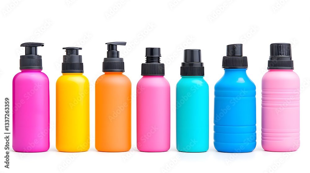 Different blank colored plastic bottles collection, isolated on white background