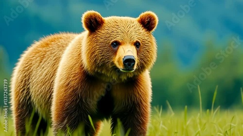 Young Brown Bear in Lush Green Meadow Curious Mammal in Forested Wildlife, Surrounded by Tall Grass and Natures Beauty