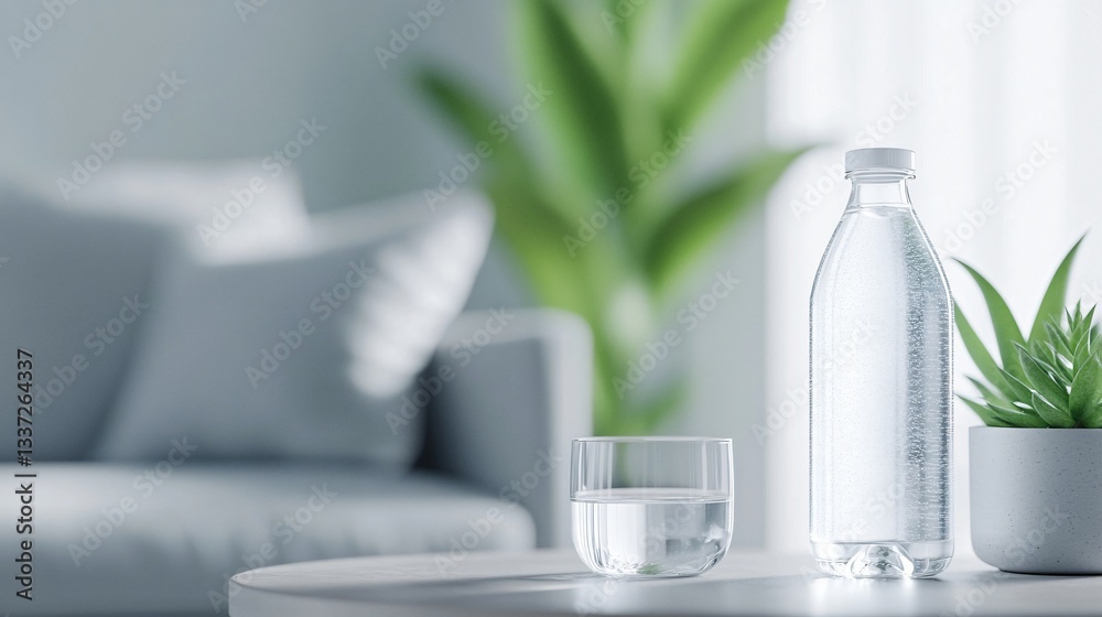 Modern living space with soft cushions, stylish glass bottle, vibrant green plants, perfect for creating a calming atmosphere. Modern living space with soft cushions, stylish glass bottle, vibrant green plants, perfect for creating a calming atmosphere.