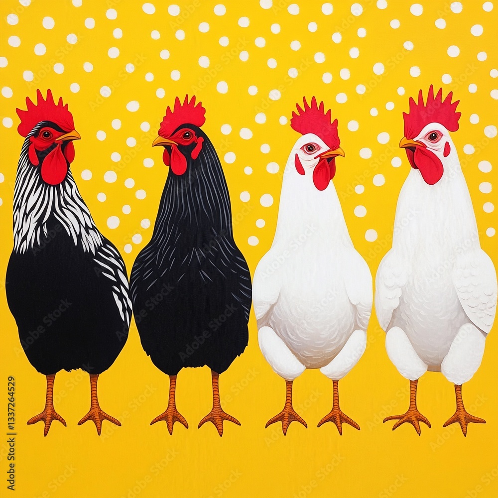 Fototapeta premium Four roosters in black, white, and grey against a yellow dotted background