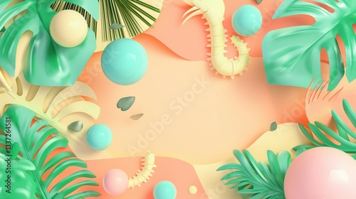 bright pastel 3d elements featuring tropical leaves and spherical shapes on a soft background with playful mood copyspace concept of creative advertising, product marketing