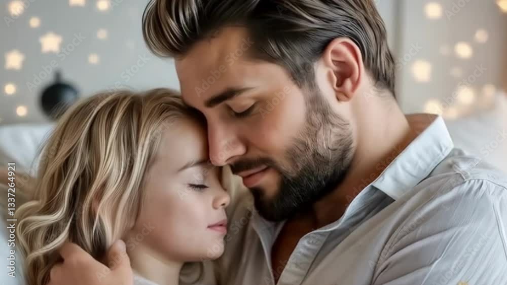 Father and child hugging in bed, spending time together in bedroom at night before sleep at home Father and child hugging in bed, spending time together in bedroom at night before sleep at home