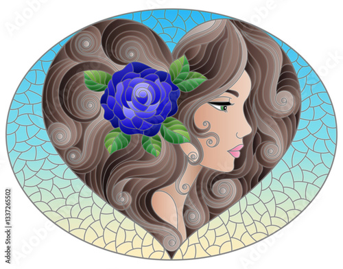 A stained glass illustration with a portrait of a girl with brown hair and a heart-shaped rose, on a blue background