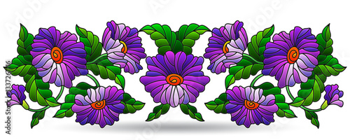 Stained glass illustration with floral arrangement, flowers isolated on a white background