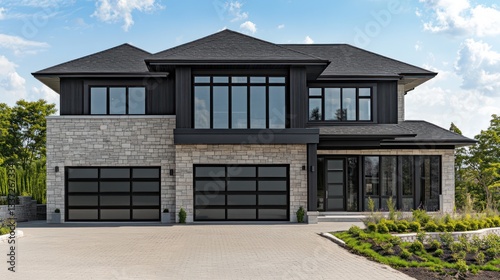A modern two-story home with a clean stone fa? section ade, a contrasting black shingle roof, and dark tinted windows