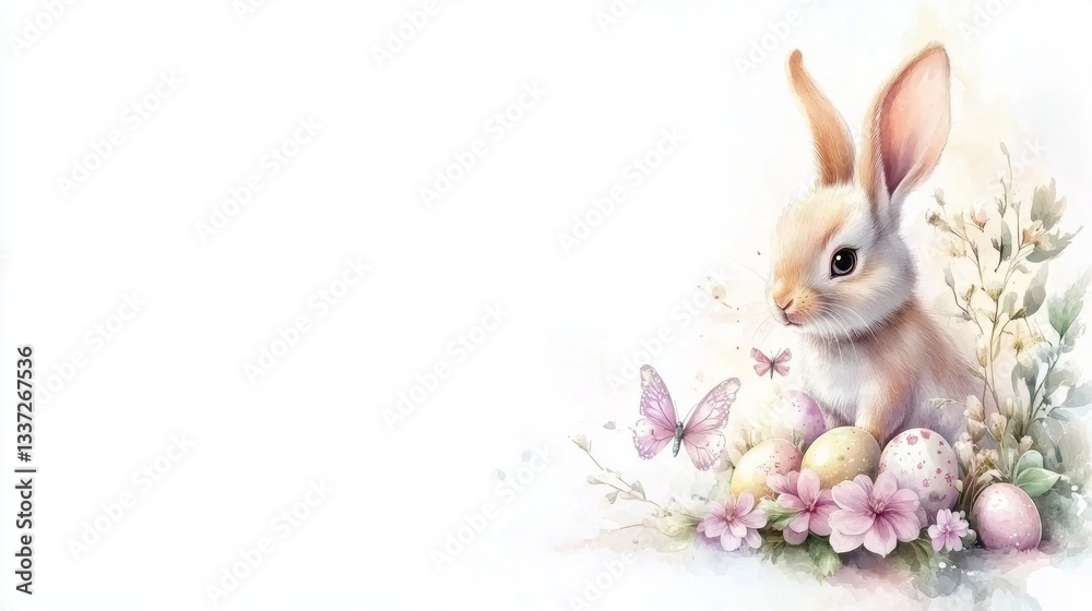 cartoon rabbit with a flower and butterfly, an Easter-themed watercolor illustration for a kids' background cartoon rabbit with a flower and butterfly, an Easter-themed watercolor illustration for a kids' background
