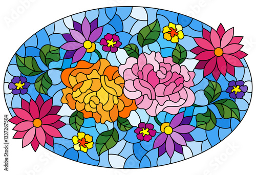 An illustration in stained glass style with a bright flower arrangement on a blue background, oval image