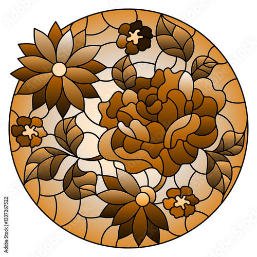 An illustration in stained glass style with a flower arrangement on a sky background, round image, tone brown