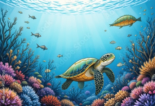 illustration sea turtle swimming