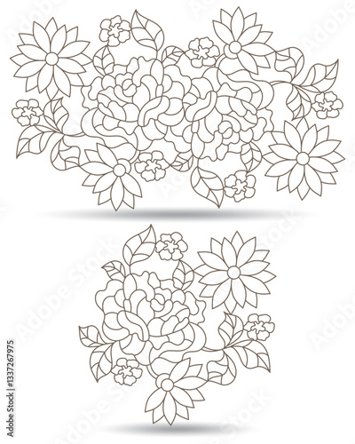 A set of contour illustrations in the style of stained glass with floral arrangements, isolated on a white background