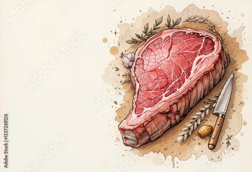 illustration raw meat on wooden board