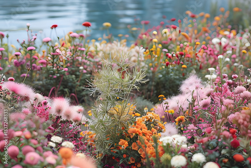 pink flowers in the field, Vibrant Floral Landscape With Colorful Plants And Calm Water