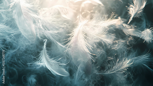 Soft, fluffy white feathers illuminated by sunlight. Whispering Threads. Illustration
