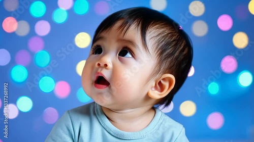 Curious Baby with Dark Hair Gazes Upward Against Colorful Bokeh Background Creating Dreamy and Joyful Atmosphere with Soft Lighting Highlighting Childs Innocent Expression and Gentle Features