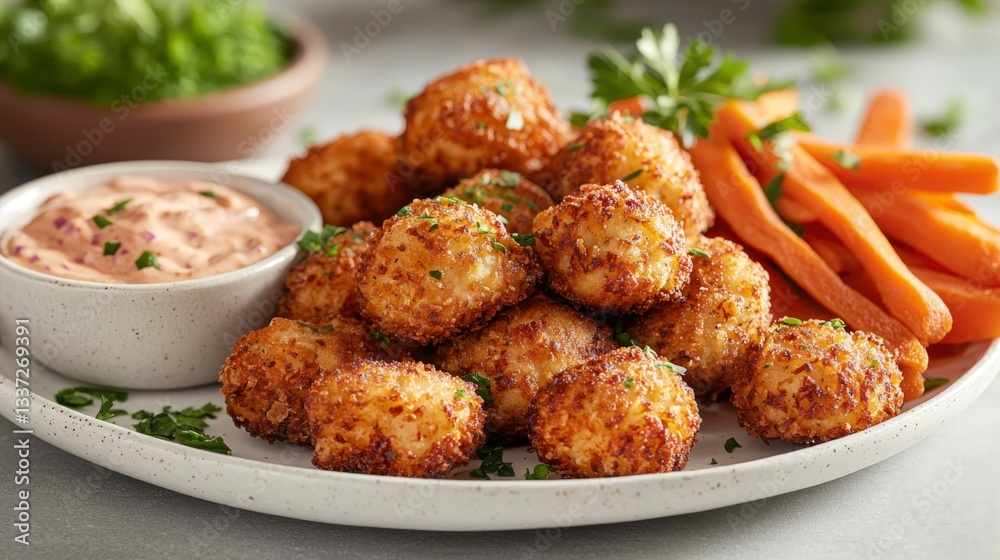 Crispy baked chickpea nuggets served with vegan ranch dip and carrot sticks Crispy baked chickpea nuggets served with vegan ranch dip and carrot sticks