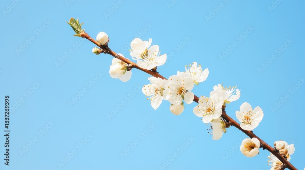 Cherry blossom branch blooms against a clear blue sky during spring, showcasing delicate white flowers and gentle buds in full sunlight Generative AI Cherry blossom branch blooms against a clear blue sky during spring, showcasing delicate white flowers and gentle buds in full sunlight Generative AI