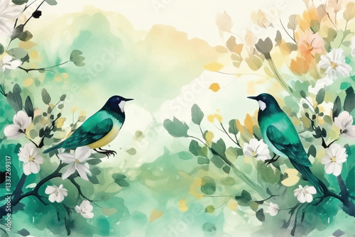 Watercolor Vector Background With Birds | Hand-Painted Wall Mate