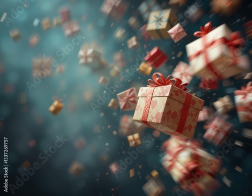 christmas gift boxes floating motion blur