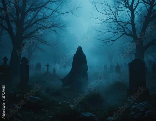 scary graveyard in the fog