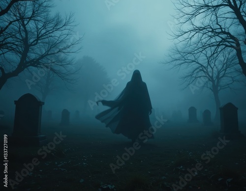 scary graveyard in the fog