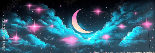 Mystical Night Sky Vector Art with Crescent Moon, Vibrant Pink Stars, and Ethereal Blue Clouds - Dreamy Celestial Fantasy Illustration for Digital Art Lovers