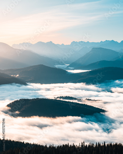 Sunrise above the clouds at Jochberg in Bavaria