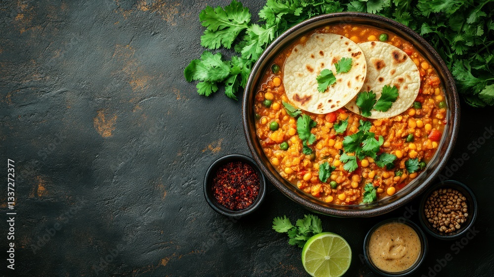Hearty lentil curry with naan bread and fresh herbs Hearty lentil curry with naan bread and fresh herbs