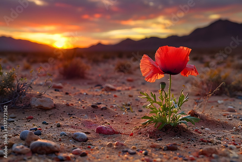 red poppy in the desert, Vibrant Red Poppy Flower Against Majestic Desert Sunset