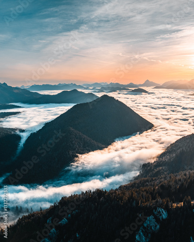 Sunrise above the clouds at Jochberg in Bavaria