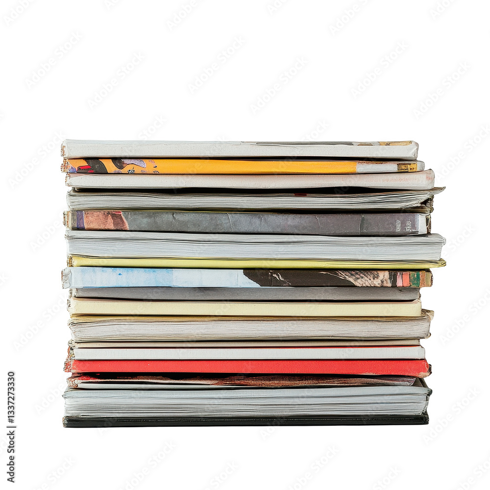 Stack of magazines arranged neatly on a Transparent background showcasing diverse covers and colorful spines, Stack magazines on PNG background