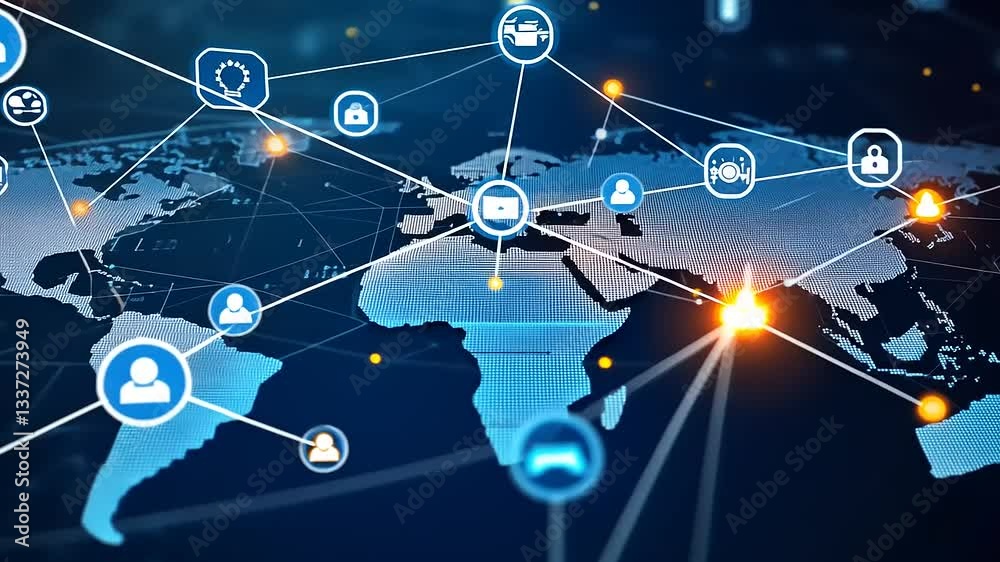 Global network connections illustrated on a digital world map with various technology icons Global network connections illustrated on a digital world map with various technology icons