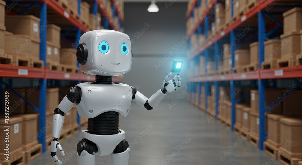 Fototapeta premium 3D Robot Overseeing Warehouse Efficiency - Automated warehouse, robotic efficiency, inventory management, future technology, logistics optimization