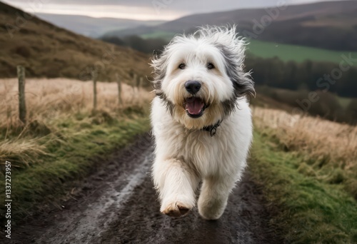 Bobtail Old English Sheepdog running in the countryside, lovely big doggy playing outdoors
