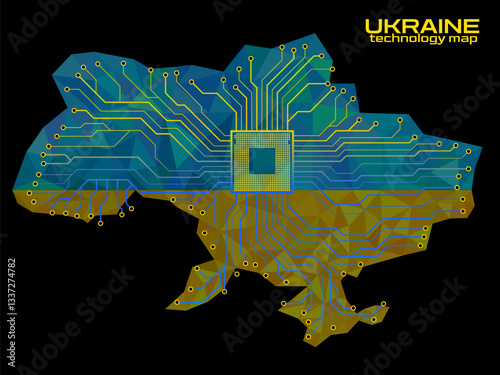 Abstract Ukraine map with cpu. Circuit board. Technology background. Vector illustration