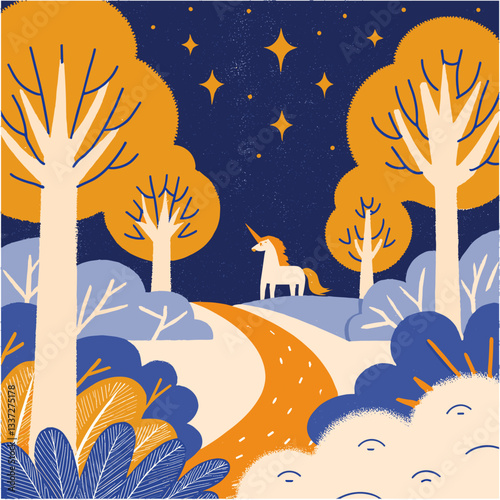 Enchanted forest path with a unicorn under a starlit sky in vibrant colors