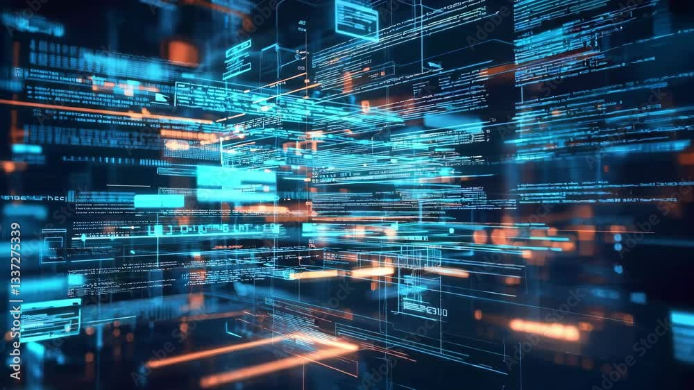 Experience the movement of glowing data streams in a vibrant, digital landscape that represents advanced technology Experience the movement of glowing data streams in a vibrant, digital landscape that represents advanced technology
