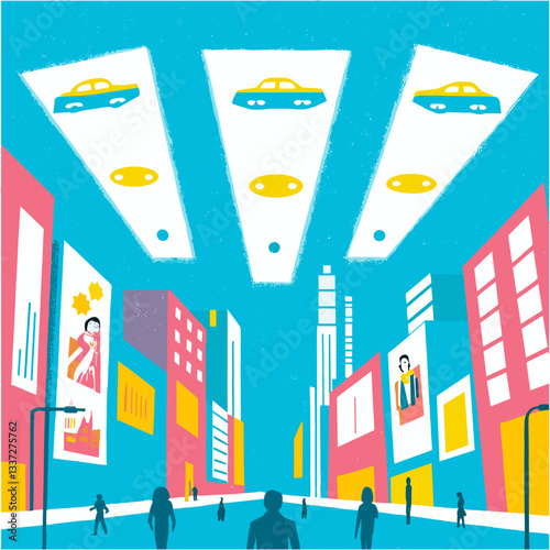 Urban landscape filled with colorful advertisements and flying cars in a futuristic city at sunset