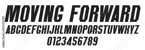 Heavy chopped simple italic font on the theme of urbanism, movement forward, speed. Set of letters and numbers of the Latin alphabet. 