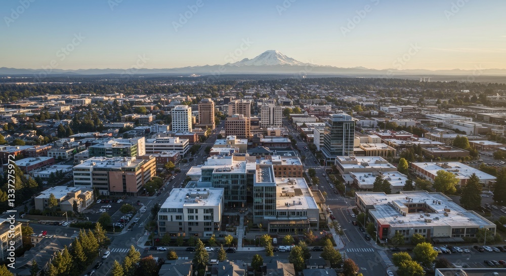 Obraz premium Aerial View of Cityscape with Mountain - Stunning aerial shot of a city nestled against a majestic mountain range under a clear blue sky. Modern buildings and residential areas create a vibrant urban