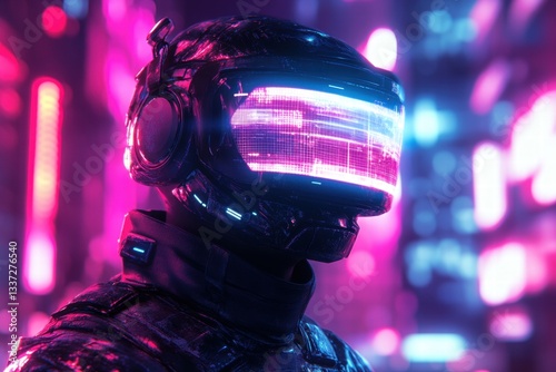 Cyberpunk character wearing a futuristic visor with neon lights