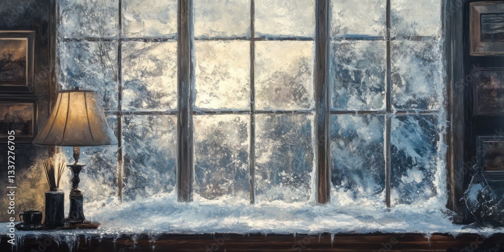 Naklejka premium A cozy room reveals a snowy outdoor scene through a window