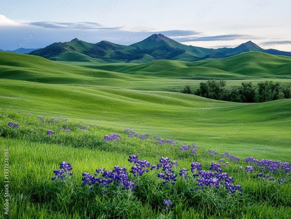 Serene Landscape of Rolling Green Hills with Vibrant Purple Flowers in Foreground Serene Landscape of Rolling Green Hills with Vibrant Purple Flowers in Foreground