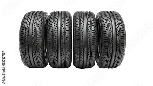 set of four black car tires isolated on white background as transparent PNG. GENERATIVE AI