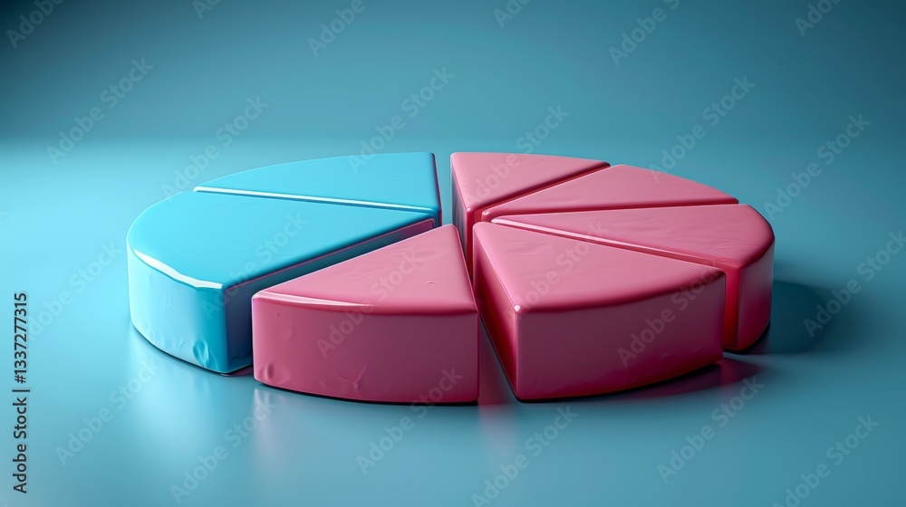Fototapeta premium 3D Render, Pie Chart, Two Vivid Blue Slices, Five Vibrant Pink Slices, Modern Design.