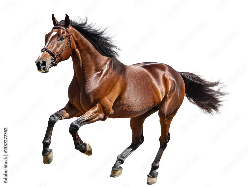 Powerful brown horse runs with agility and speed across a sunny field, muscles rippling with energy and vitality in the beautiful landscape Powerful brown horse runs with agility and speed across a sunny field, muscles rippling with energy and vitality in the beautiful landscape