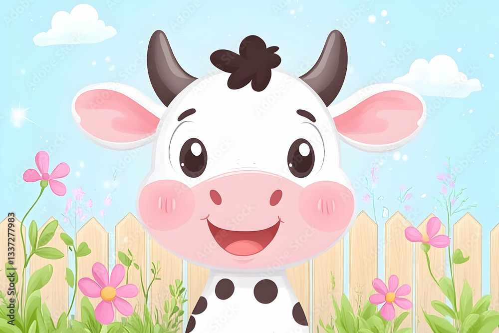 Happy cartoon calf in garden Happy cartoon calf in garden