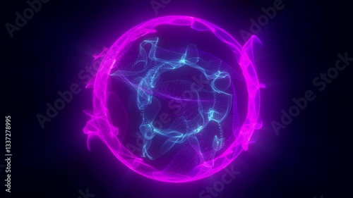 Abstract blue and purple looped energy sphere of particles and waves of bright glow on black background