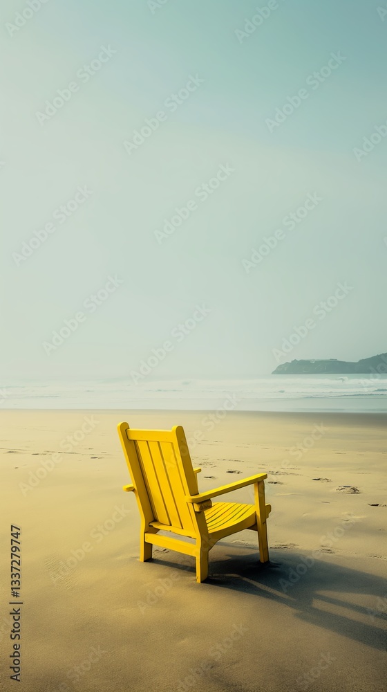 Solitary Serenity: A Vibrant Yellow Chair Finds Peace on a Sandy Shore, Inviting Contemplation and Relaxation. Solitary Serenity: A Vibrant Yellow Chair Finds Peace on a Sandy Shore, Inviting Contemplation and Relaxation.