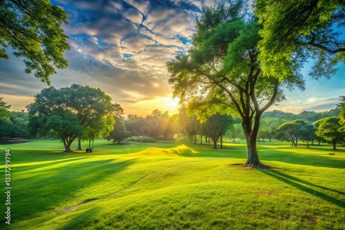 Serene Morning Park: Lush Green Grass Field, Peaceful Sunrise